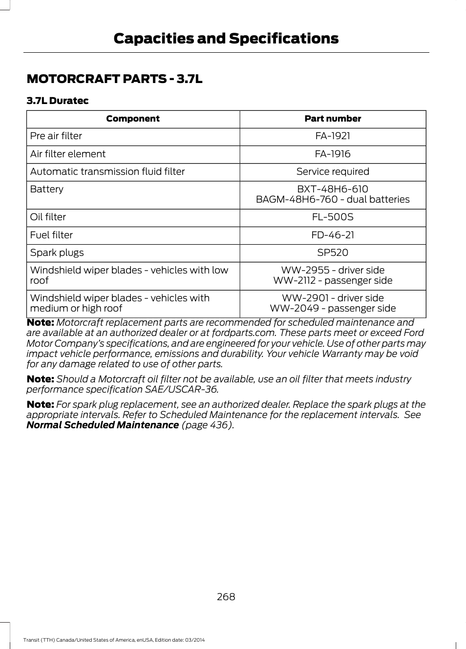 Motorcraft parts, Motorcraft parts - 3.7l, Capacities and specifications | FORD 2015 Transit v.1 User Manual | Page 271 / 461