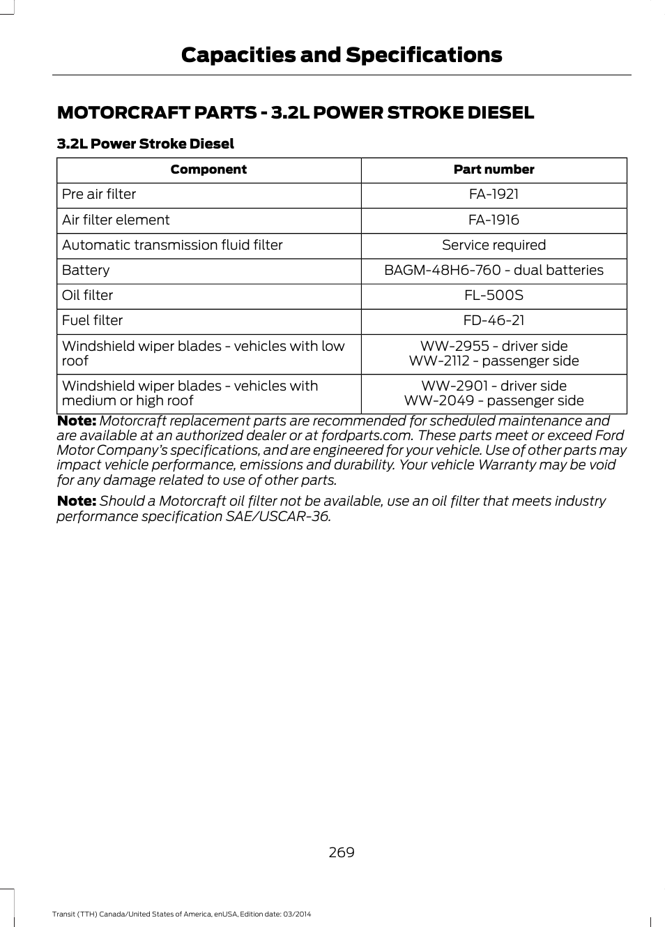 Motorcraft parts, Motorcraft parts - 3.2l power stroke, Diesel | Capacities and specifications, Motorcraft parts - 3.2l power stroke diesel | FORD 2015 Transit v.1 User Manual | Page 272 / 461