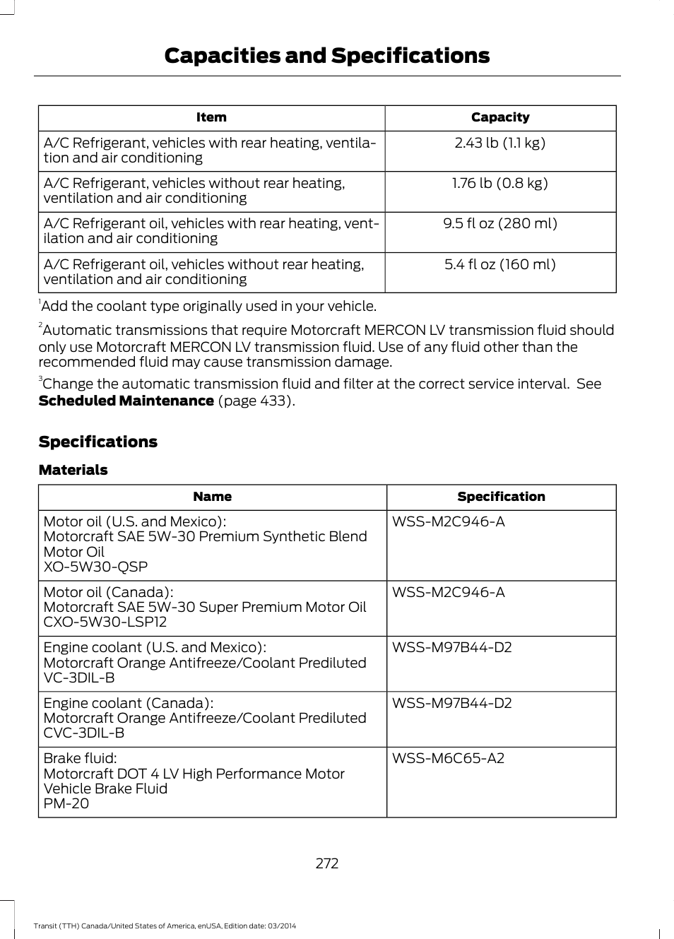 Capacities and specifications | FORD 2015 Transit v.1 User Manual | Page 275 / 461