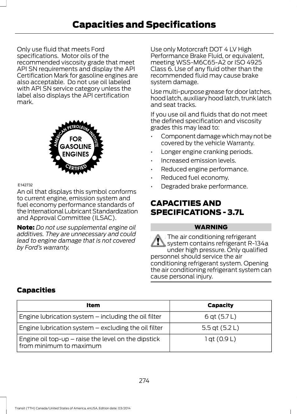 Capacities and specifications, Capacities and specifications - 3.7l | FORD 2015 Transit v.1 User Manual | Page 277 / 461