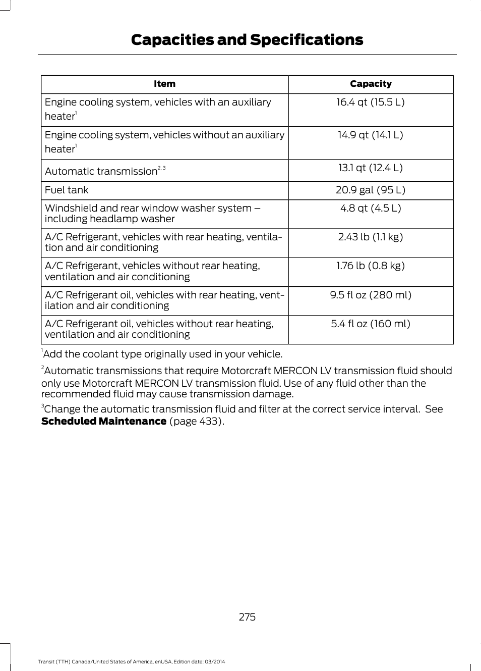 Capacities and specifications | FORD 2015 Transit v.1 User Manual | Page 278 / 461