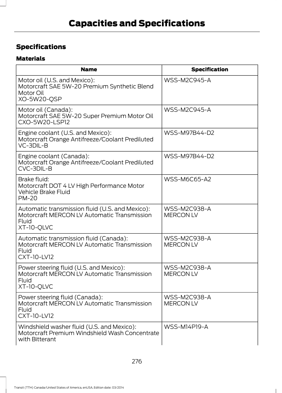 Capacities and specifications | FORD 2015 Transit v.1 User Manual | Page 279 / 461