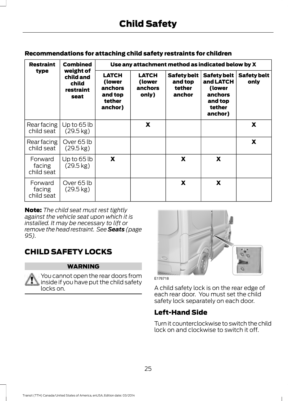 Child safety locks, Child safety | FORD 2015 Transit v.1 User Manual | Page 28 / 461