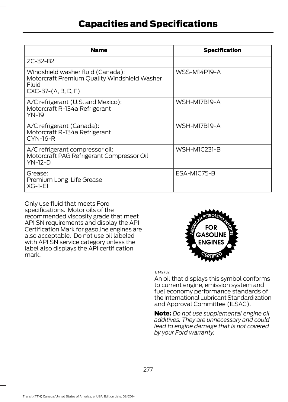 Capacities and specifications | FORD 2015 Transit v.1 User Manual | Page 280 / 461