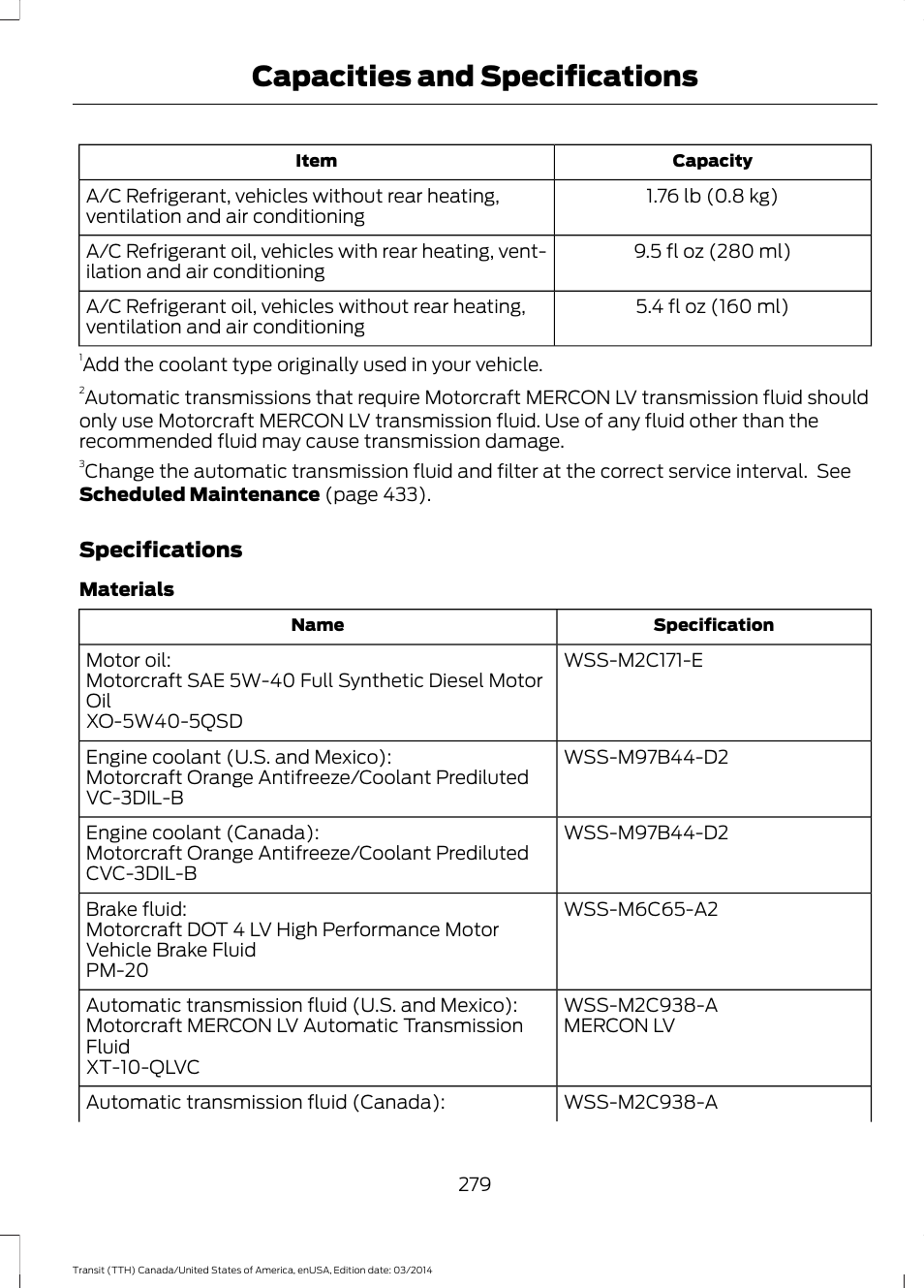 Capacities and specifications | FORD 2015 Transit v.1 User Manual | Page 282 / 461