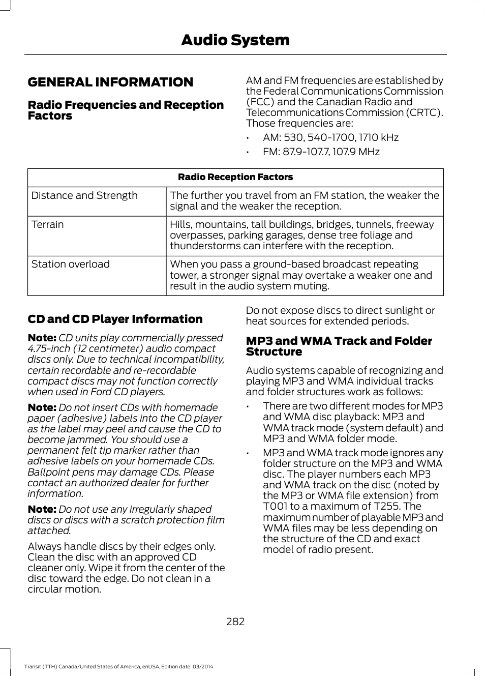 Audio system, General information | FORD 2015 Transit v.1 User Manual | Page 285 / 461