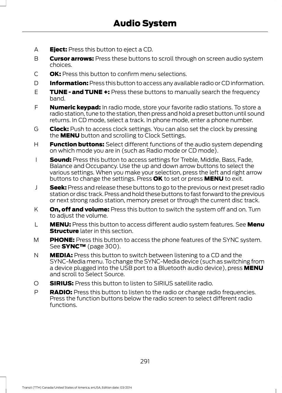Audio system | FORD 2015 Transit v.1 User Manual | Page 294 / 461