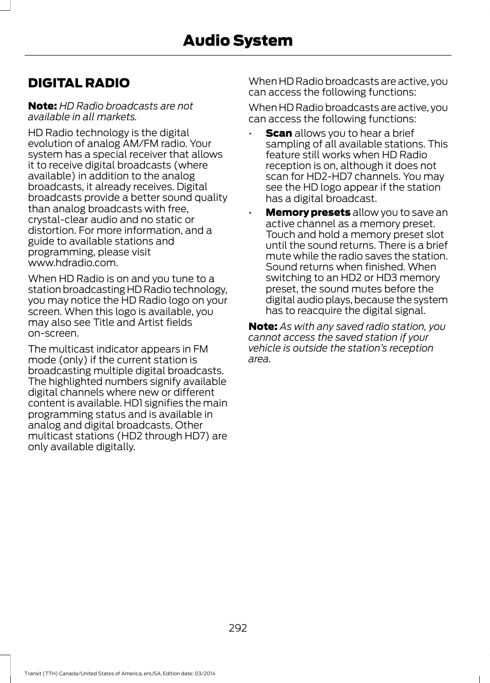 Digital radio, Audio system | FORD 2015 Transit v.1 User Manual | Page 295 / 461