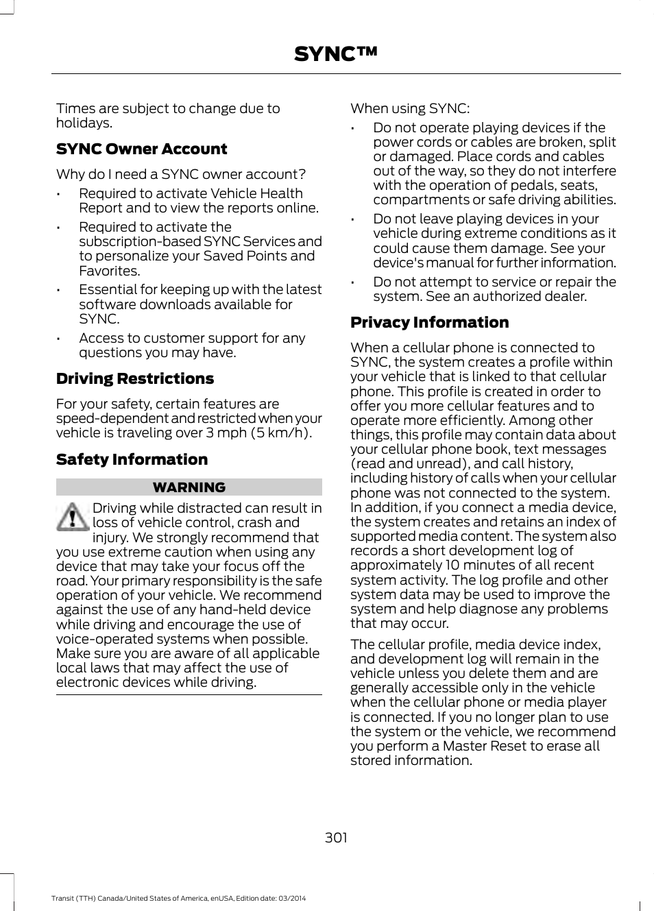 Sync | FORD 2015 Transit v.1 User Manual | Page 304 / 461