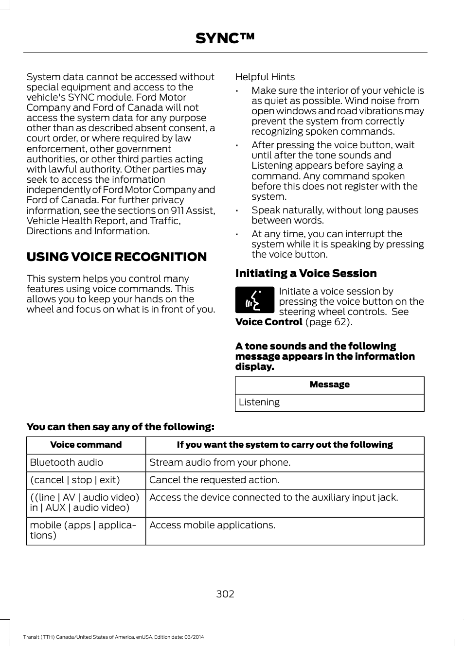 Using voice recognition, Sync | FORD 2015 Transit v.1 User Manual | Page 305 / 461