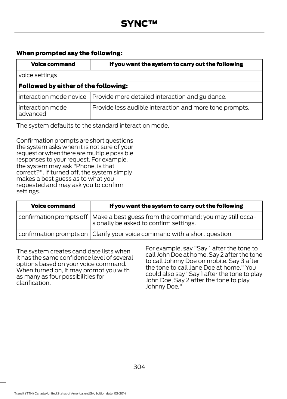 Sync | FORD 2015 Transit v.1 User Manual | Page 307 / 461