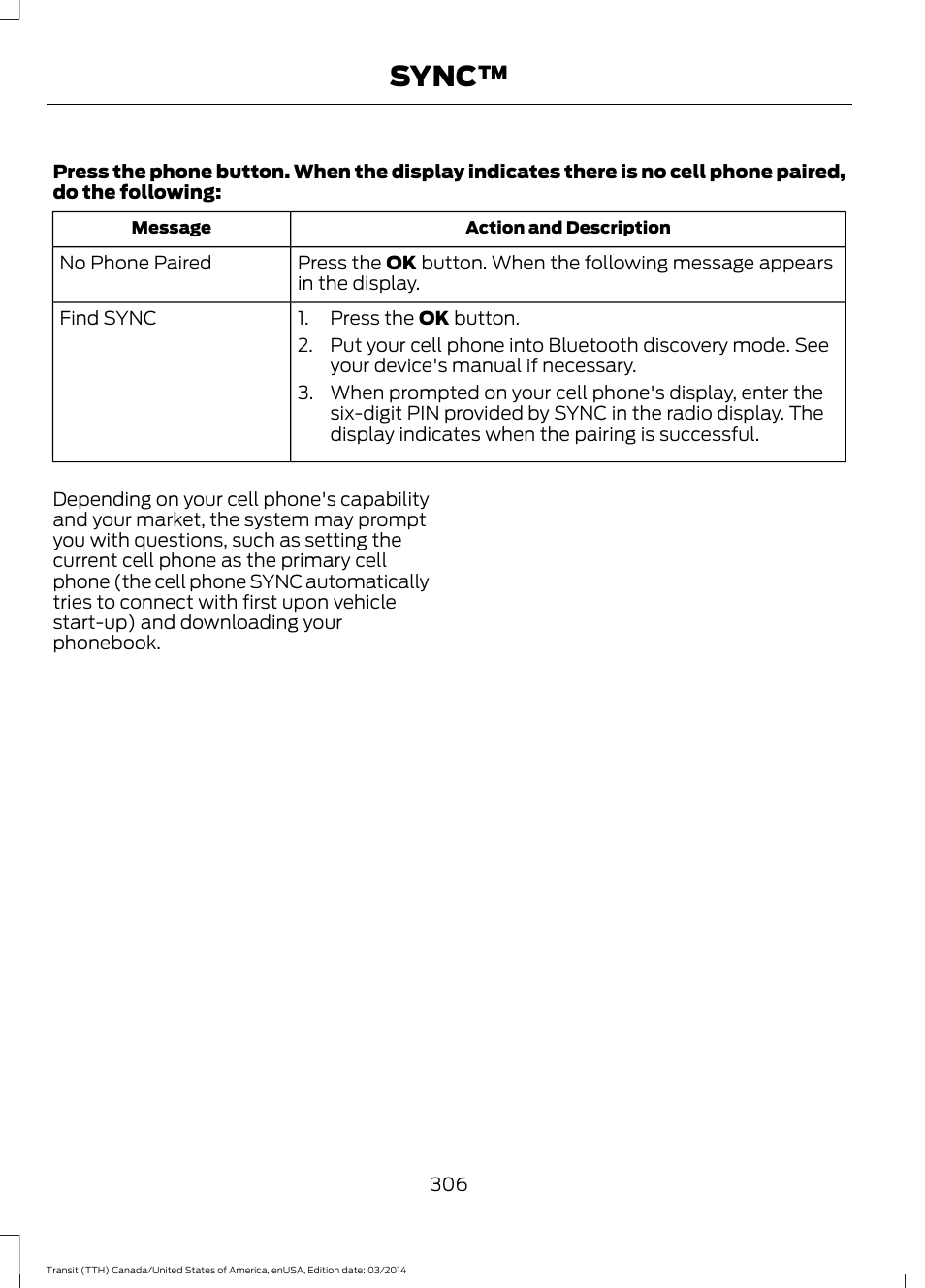 Sync | FORD 2015 Transit v.1 User Manual | Page 309 / 461