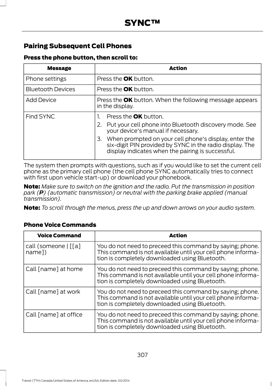 Sync | FORD 2015 Transit v.1 User Manual | Page 310 / 461