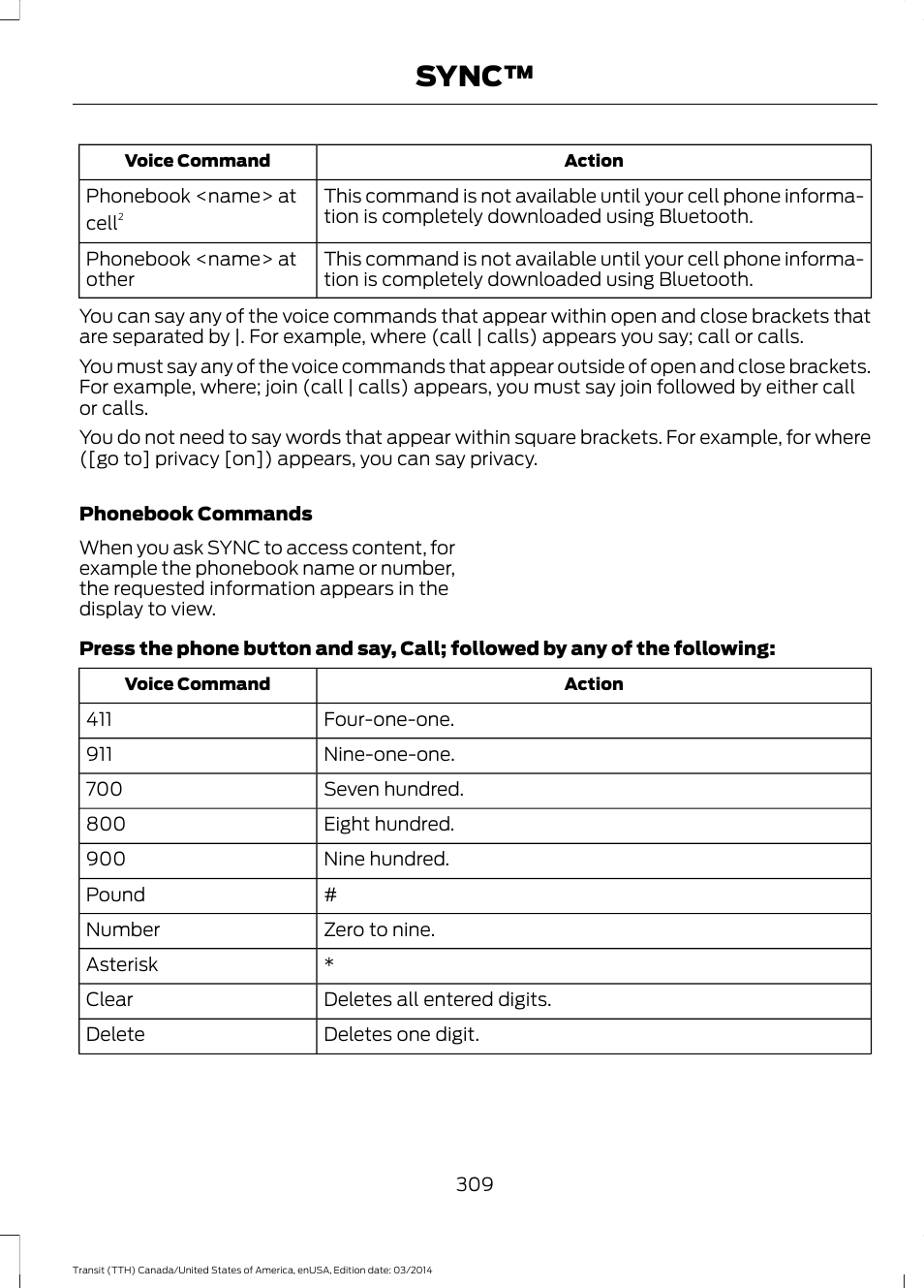 Sync | FORD 2015 Transit v.1 User Manual | Page 312 / 461