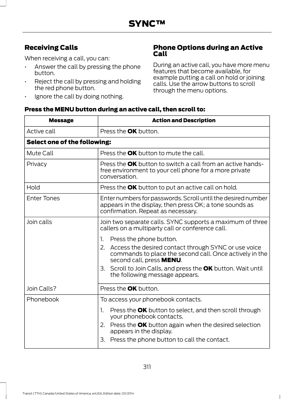 Sync | FORD 2015 Transit v.1 User Manual | Page 314 / 461