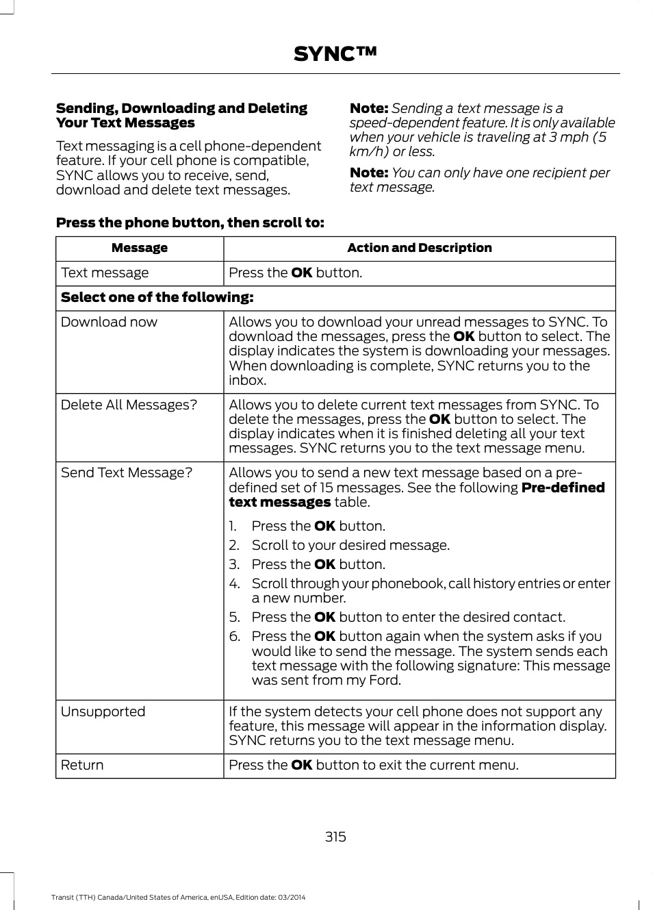 Sync | FORD 2015 Transit v.1 User Manual | Page 318 / 461