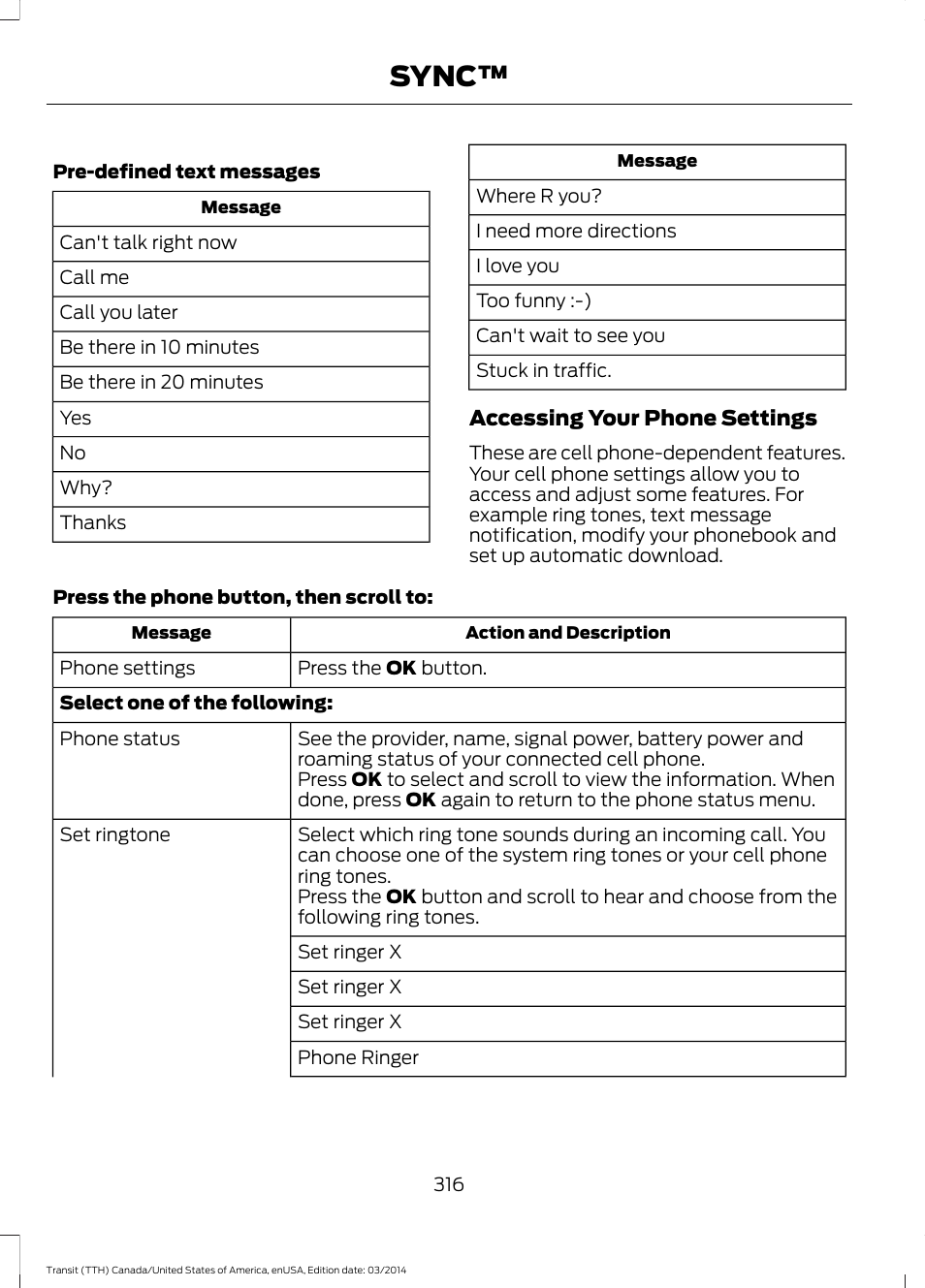 Sync | FORD 2015 Transit v.1 User Manual | Page 319 / 461