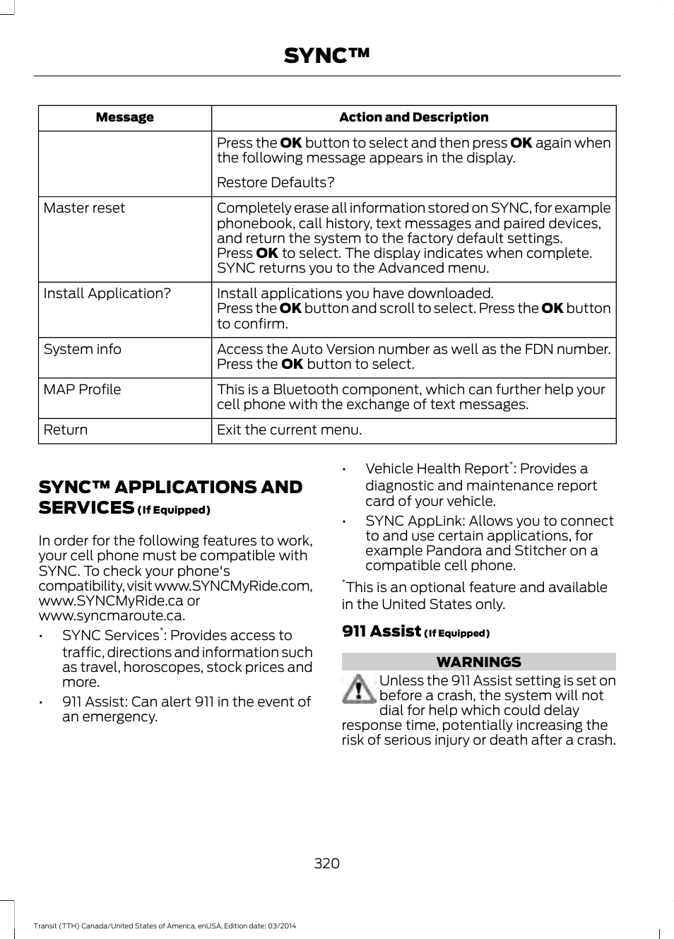 Sync™ applications and services, Sync | FORD 2015 Transit v.1 User Manual | Page 323 / 461