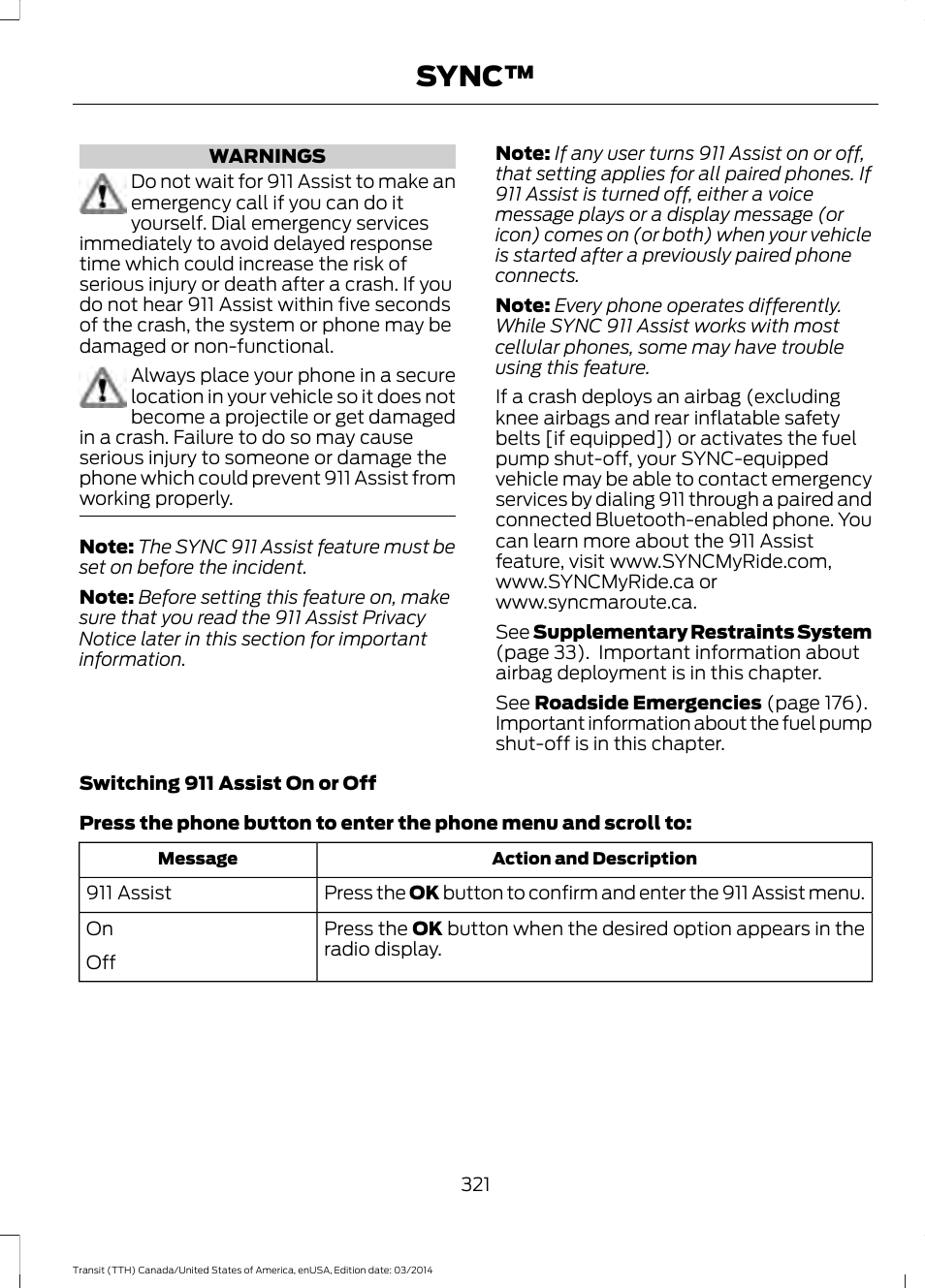 Sync | FORD 2015 Transit v.1 User Manual | Page 324 / 461