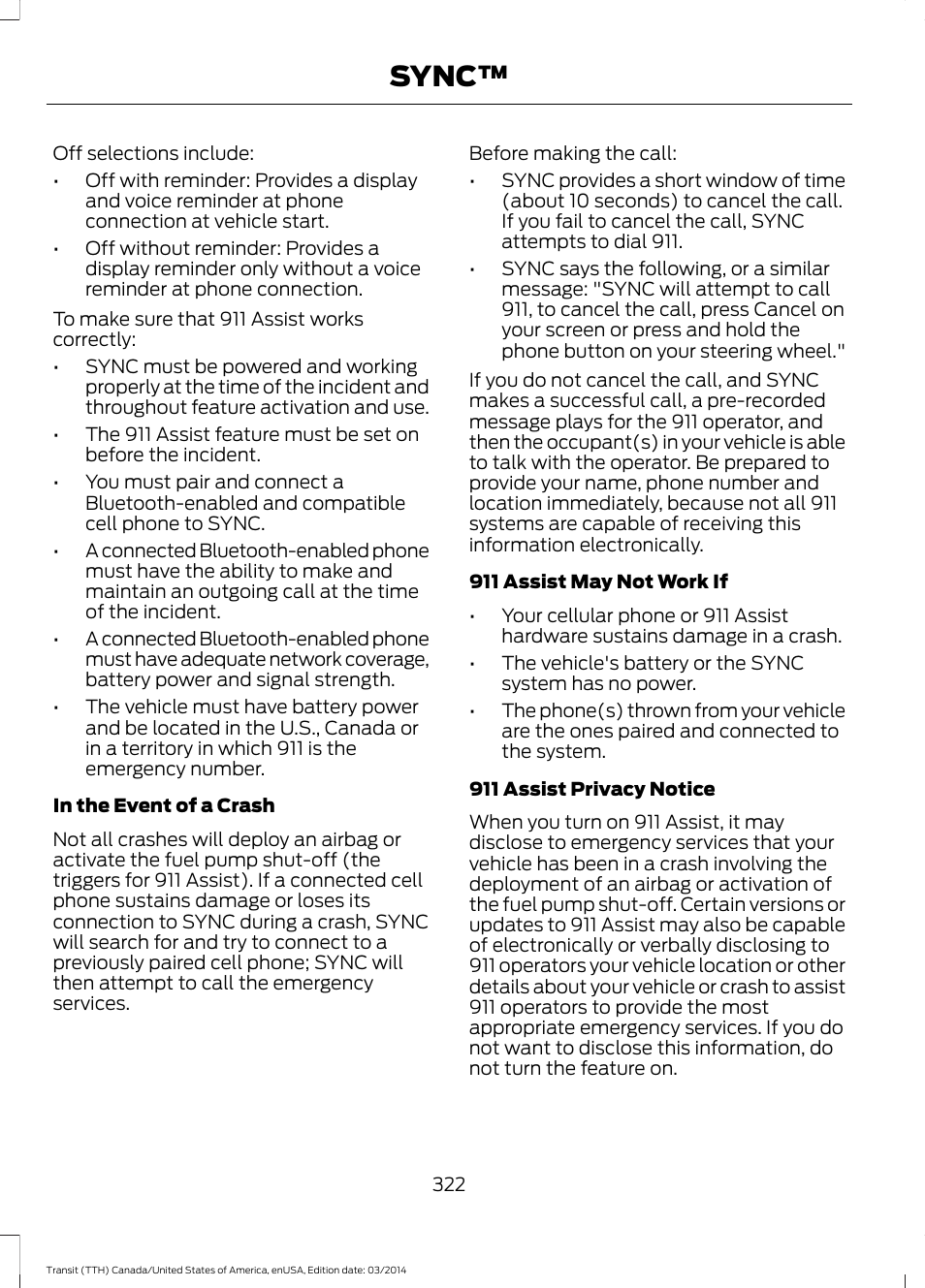 Sync | FORD 2015 Transit v.1 User Manual | Page 325 / 461