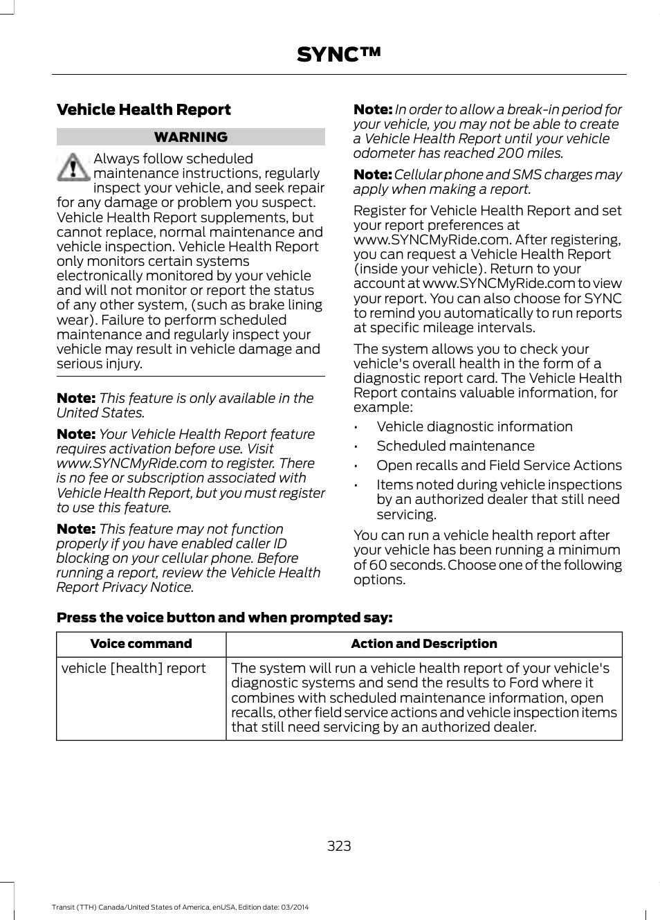 Sync | FORD 2015 Transit v.1 User Manual | Page 326 / 461