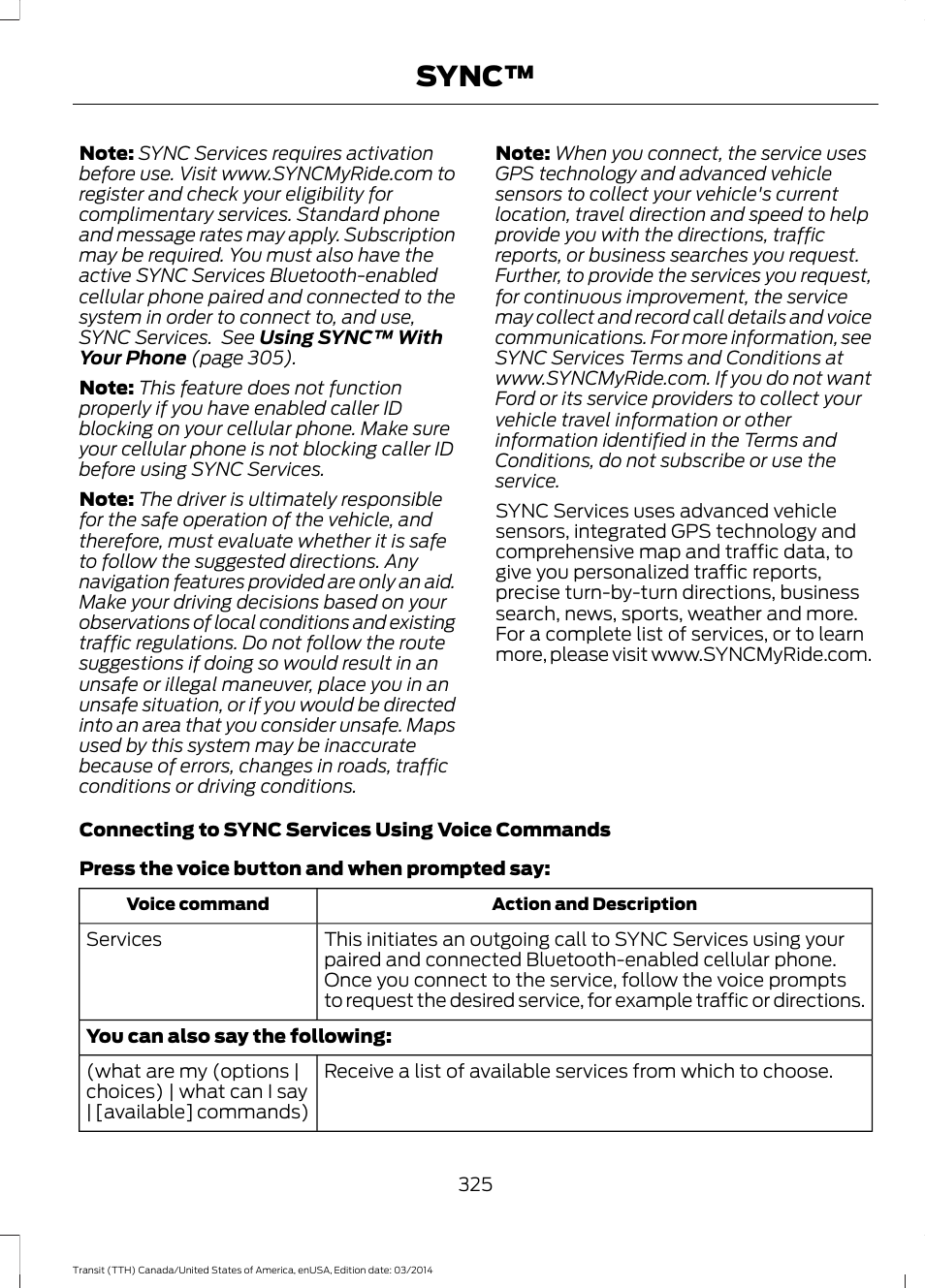 Sync | FORD 2015 Transit v.1 User Manual | Page 328 / 461