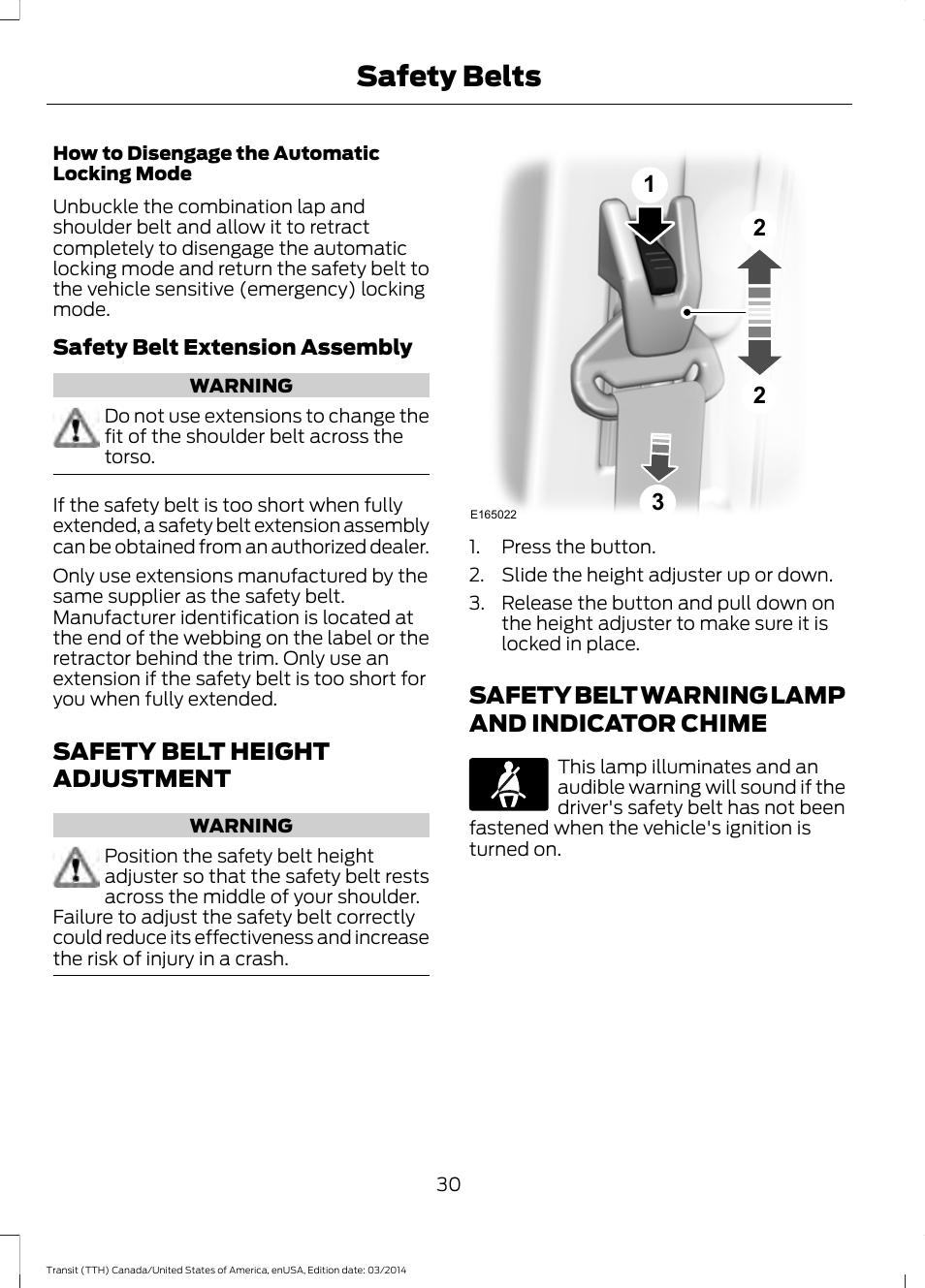 Safety belt height adjustment, Safety belt warning lamp and indicator chime, Chime | Safety belts | FORD 2015 Transit v.1 User Manual | Page 33 / 461