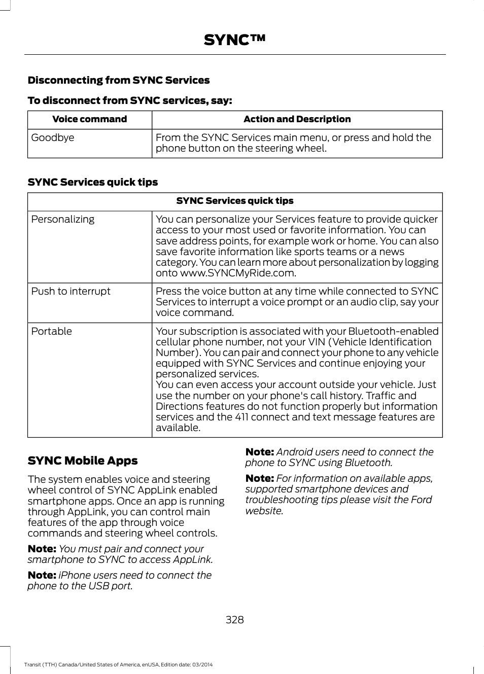 Sync | FORD 2015 Transit v.1 User Manual | Page 331 / 461