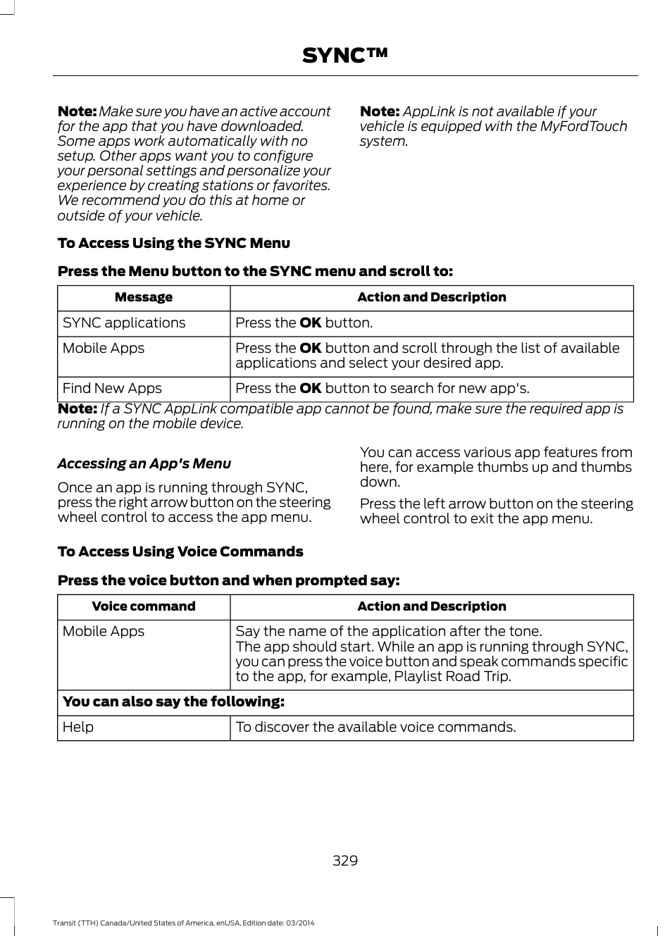 Sync | FORD 2015 Transit v.1 User Manual | Page 332 / 461