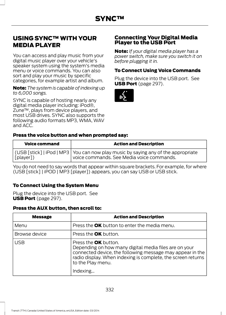 Using sync™ with your media player, Using sync™ with your media, Player | Sync | FORD 2015 Transit v.1 User Manual | Page 335 / 461