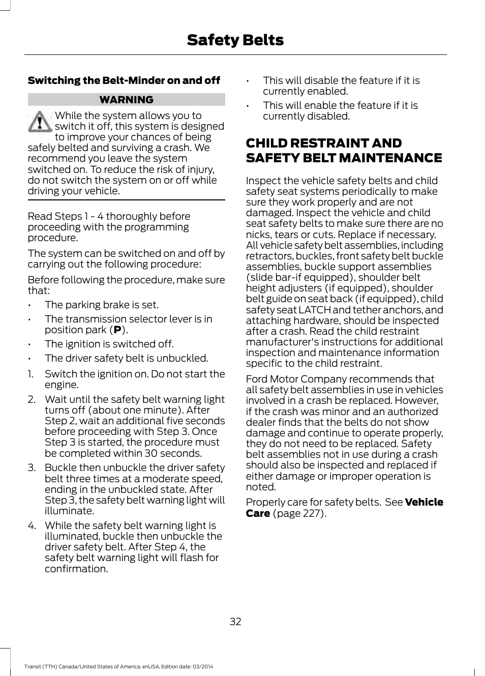 Child restraint and safety belt maintenance, Child restraint and safety belt, Maintenance | Safety belts | FORD 2015 Transit v.1 User Manual | Page 35 / 461