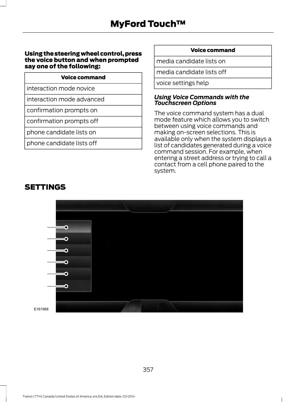 Settings, Myford touch | FORD 2015 Transit v.1 User Manual | Page 360 / 461