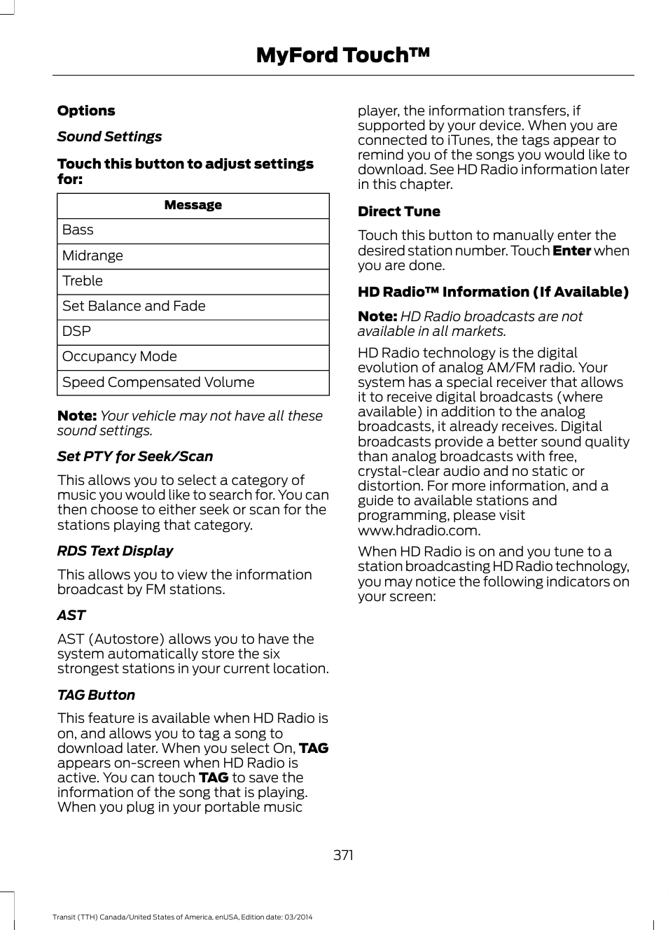 Myford touch | FORD 2015 Transit v.1 User Manual | Page 374 / 461