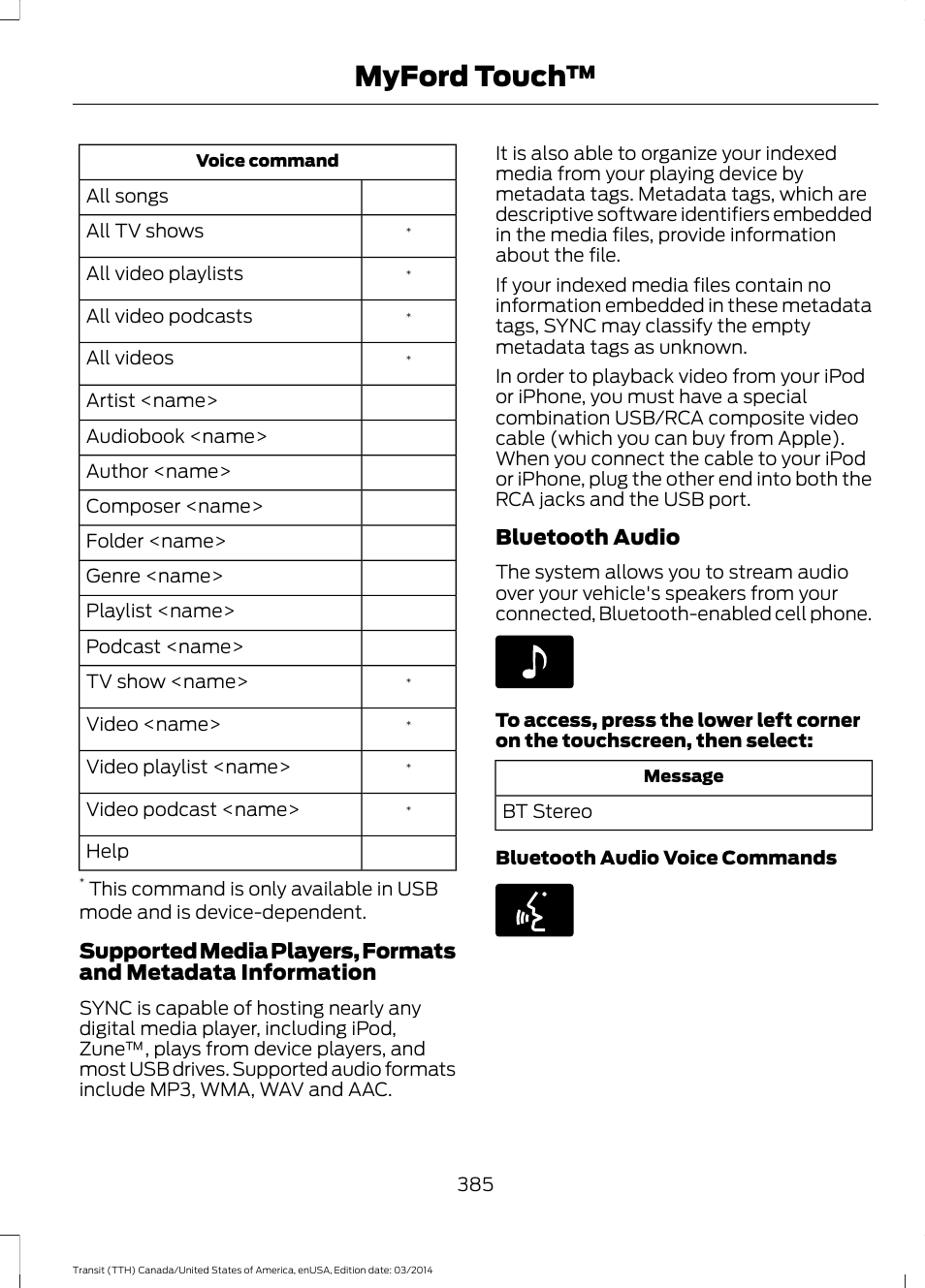 Myford touch, Bluetooth audio | FORD 2015 Transit v.1 User Manual | Page 388 / 461