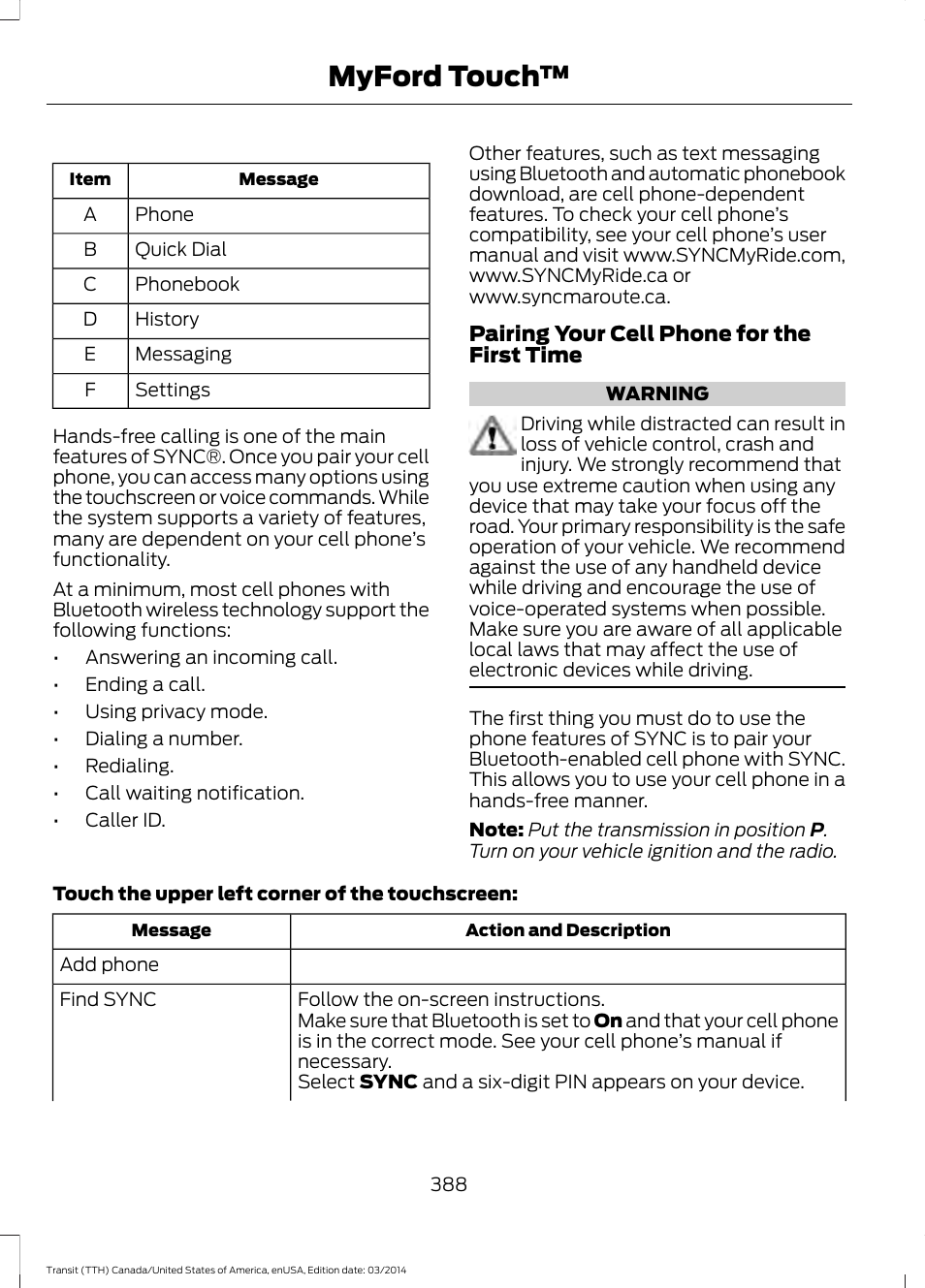 Myford touch | FORD 2015 Transit v.1 User Manual | Page 391 / 461