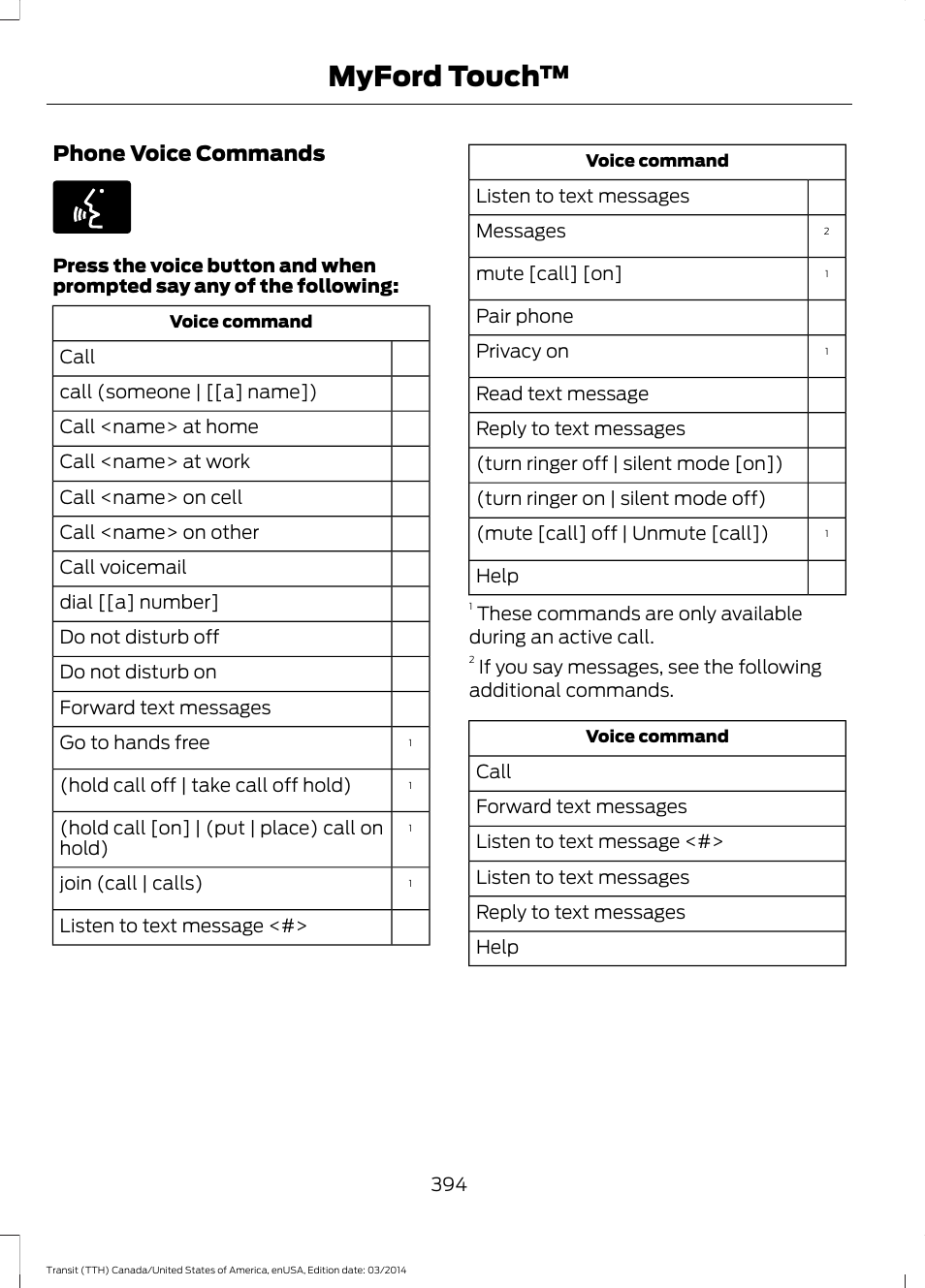 Myford touch, Phone voice commands | FORD 2015 Transit v.1 User Manual | Page 397 / 461