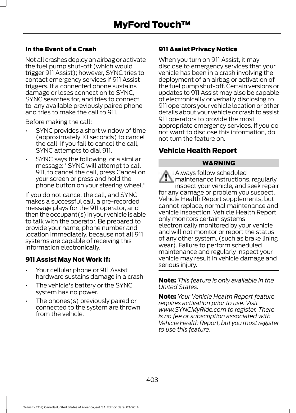 Myford touch | FORD 2015 Transit v.1 User Manual | Page 406 / 461