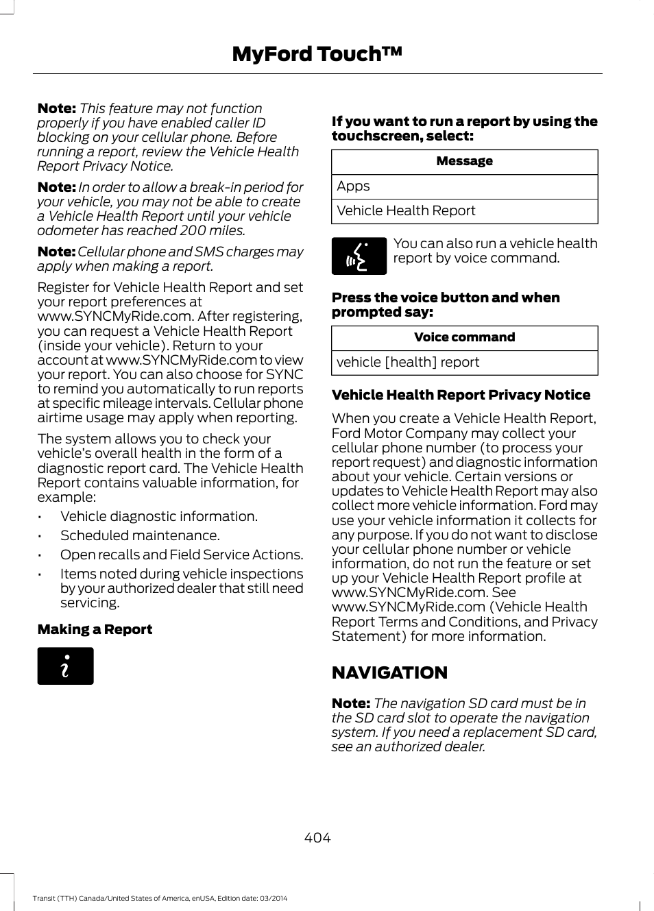 Navigation, Myford touch | FORD 2015 Transit v.1 User Manual | Page 407 / 461