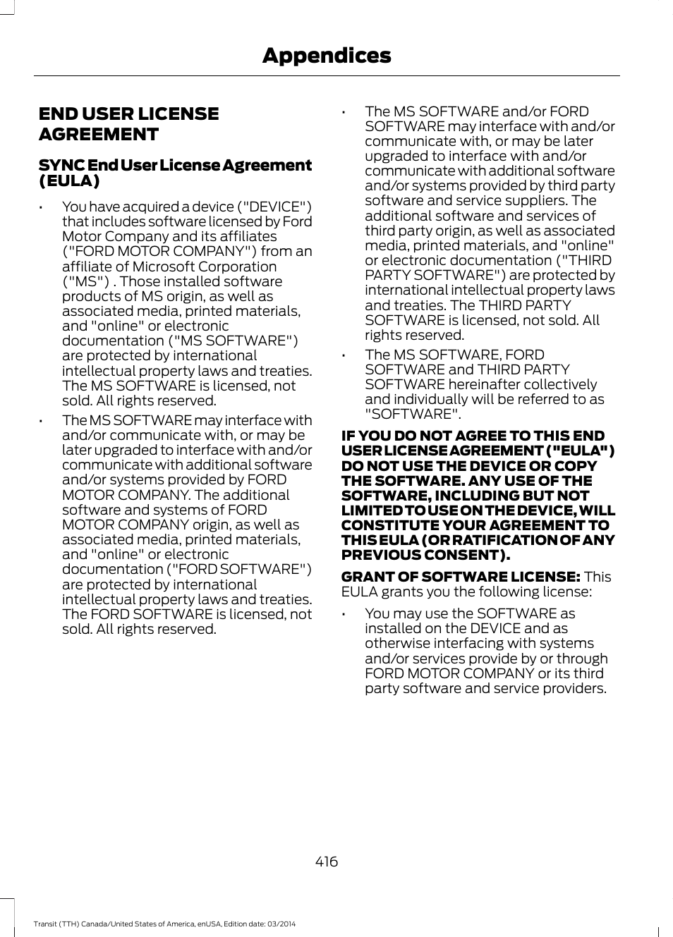 Appendices, End user license agreement | FORD 2015 Transit v.1 User Manual | Page 419 / 461