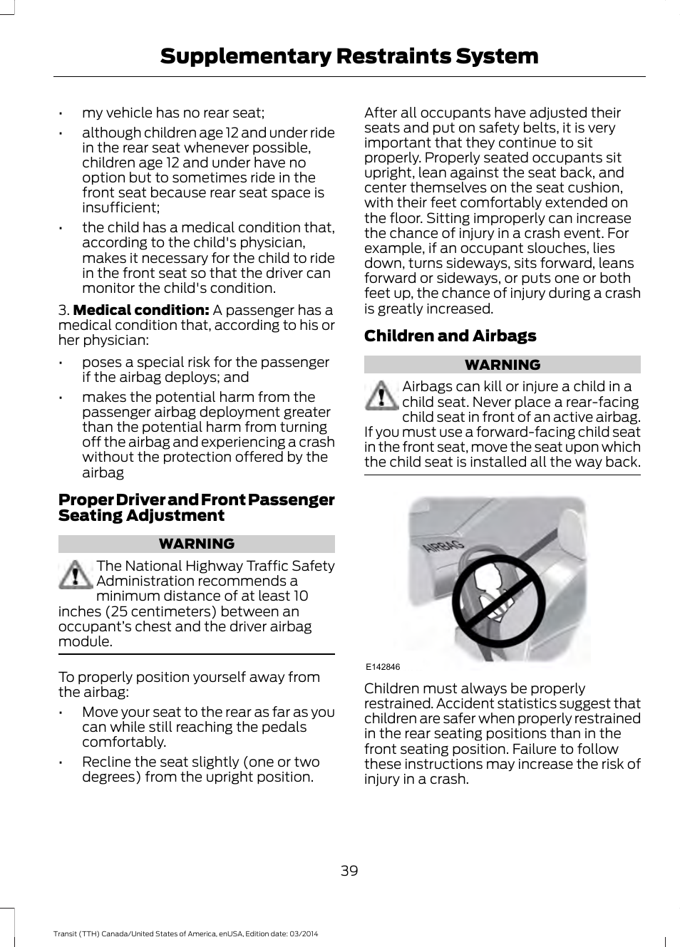 Supplementary restraints system | FORD 2015 Transit v.1 User Manual | Page 42 / 461