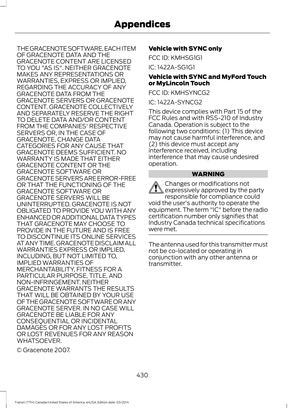 Appendices | FORD 2015 Transit v.1 User Manual | Page 433 / 461