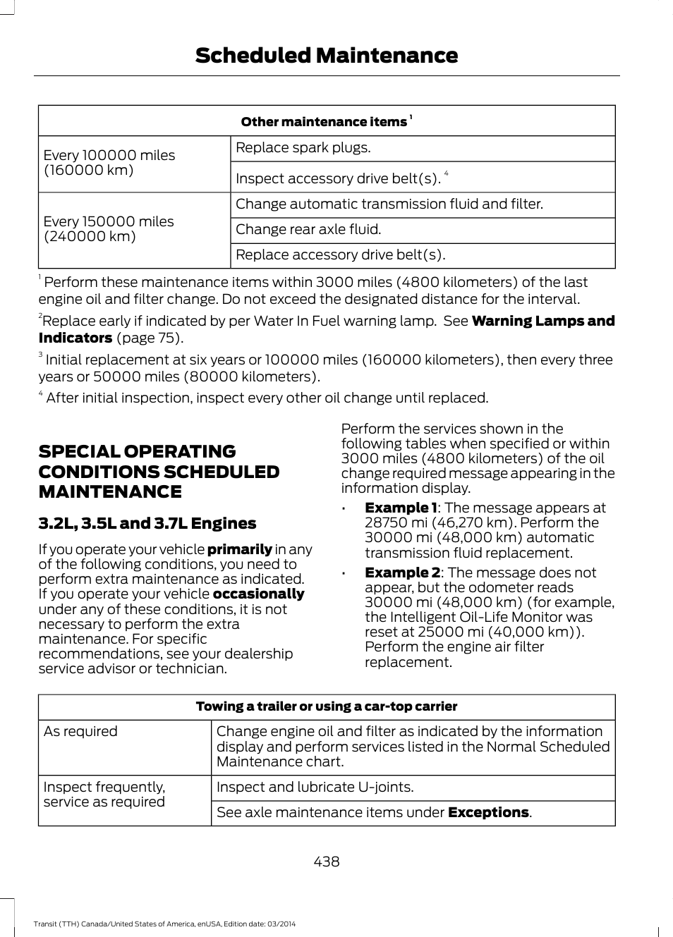 Special operating conditions scheduled maintenance, Special operating conditions scheduled, Maintenance | Scheduled maintenance | FORD 2015 Transit v.1 User Manual | Page 441 / 461