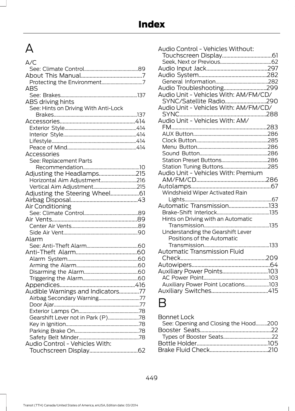 Index | FORD 2015 Transit v.1 User Manual | Page 452 / 461