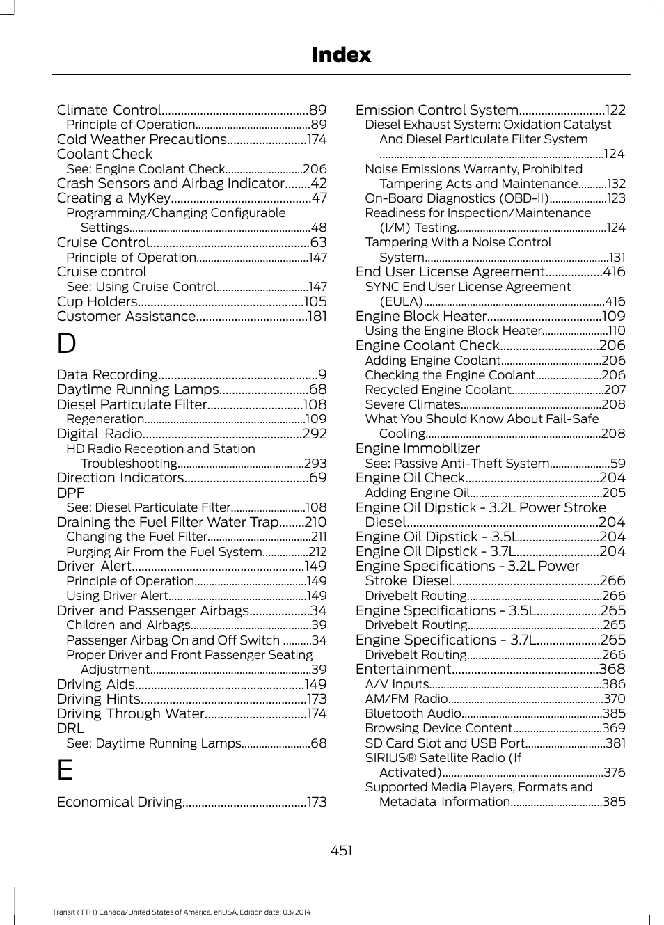 Index | FORD 2015 Transit v.1 User Manual | Page 454 / 461