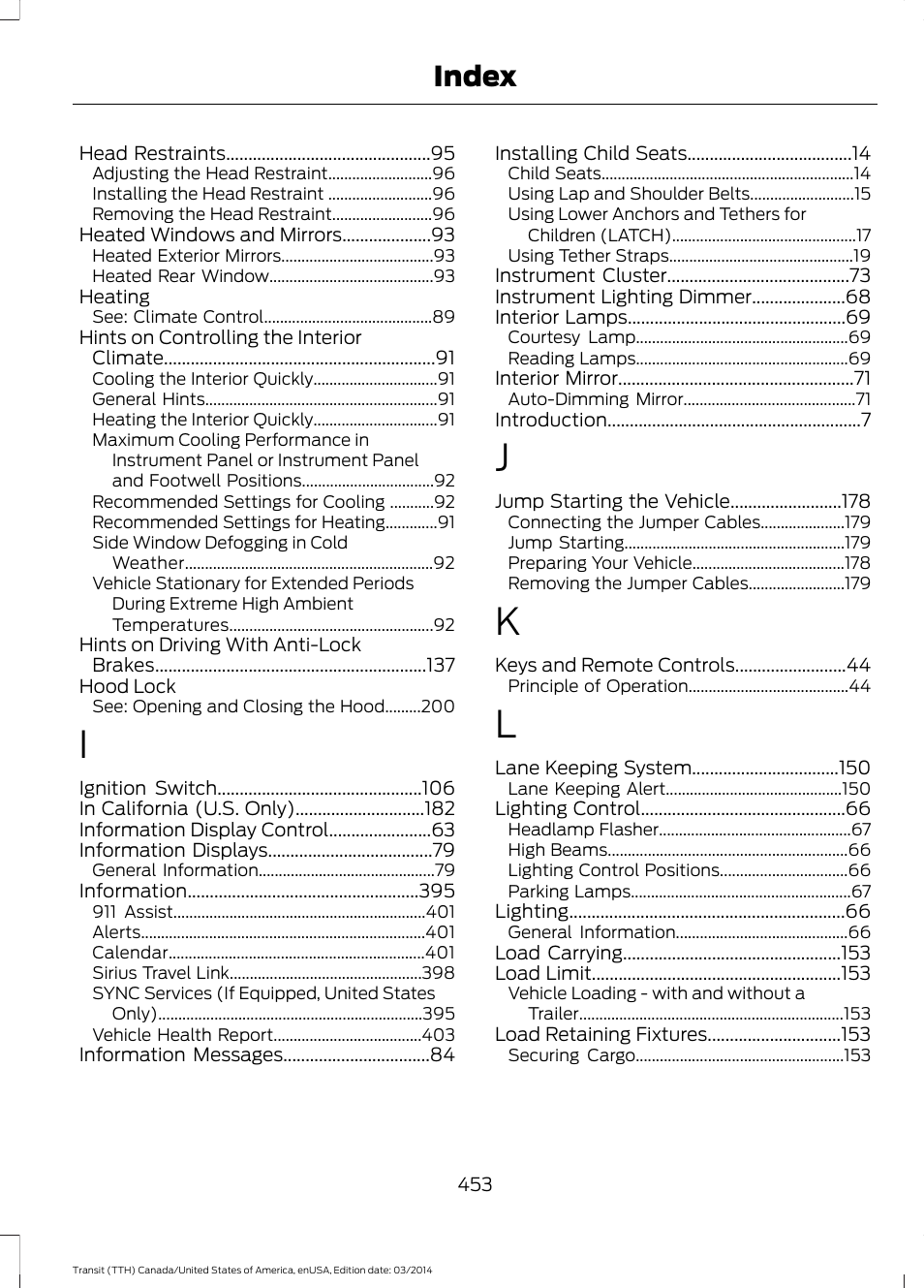 Index | FORD 2015 Transit v.1 User Manual | Page 456 / 461