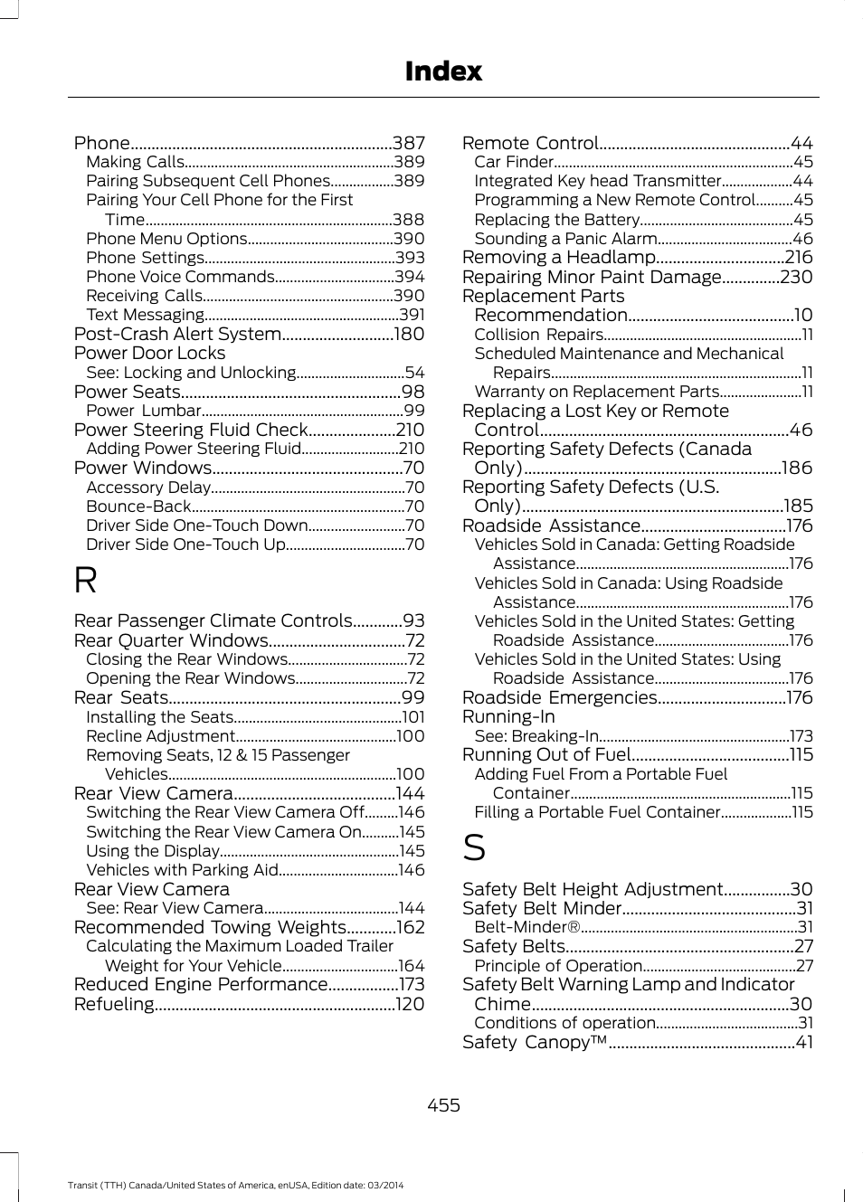 Index | FORD 2015 Transit v.1 User Manual | Page 458 / 461