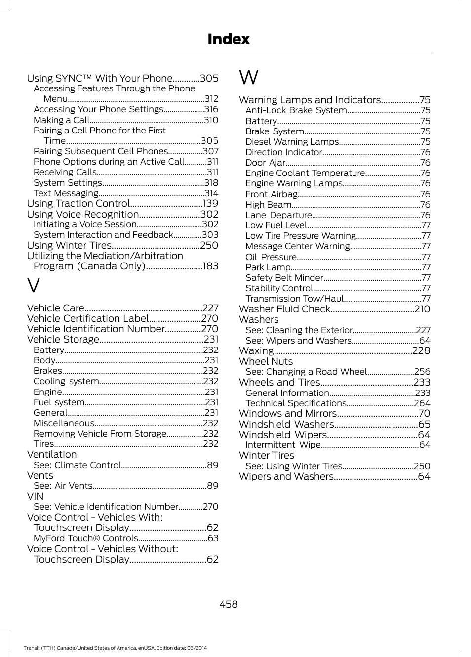 Index | FORD 2015 Transit v.1 User Manual | Page 461 / 461