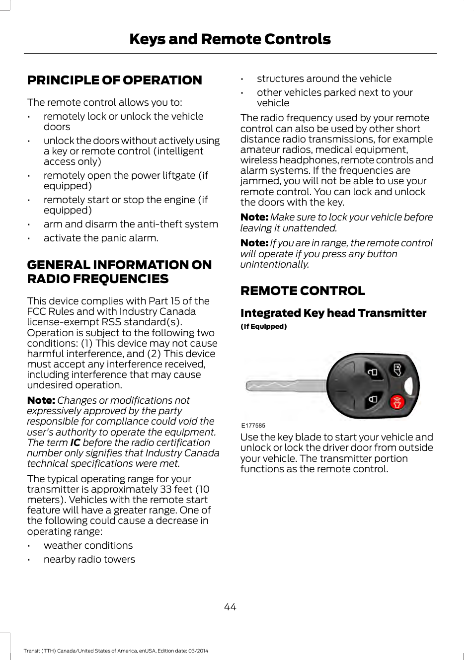 Keys and remote controls, Principle of operation, General information on radio frequencies | Remote control, Frequencies | FORD 2015 Transit v.1 User Manual | Page 47 / 461