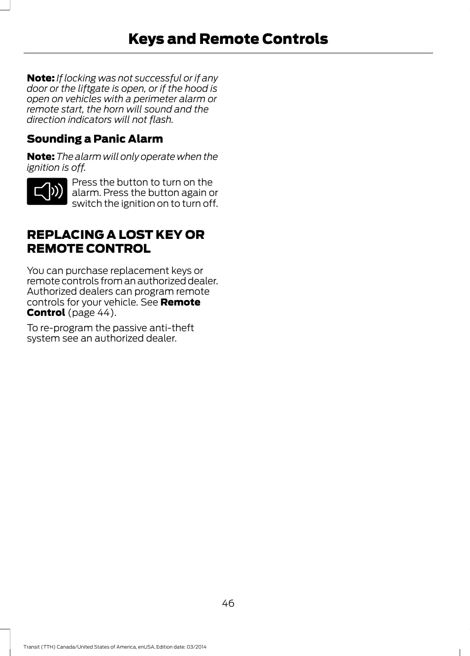 Replacing a lost key or remote control, Replacing a lost key or remote, Control | Keys and remote controls | FORD 2015 Transit v.1 User Manual | Page 49 / 461