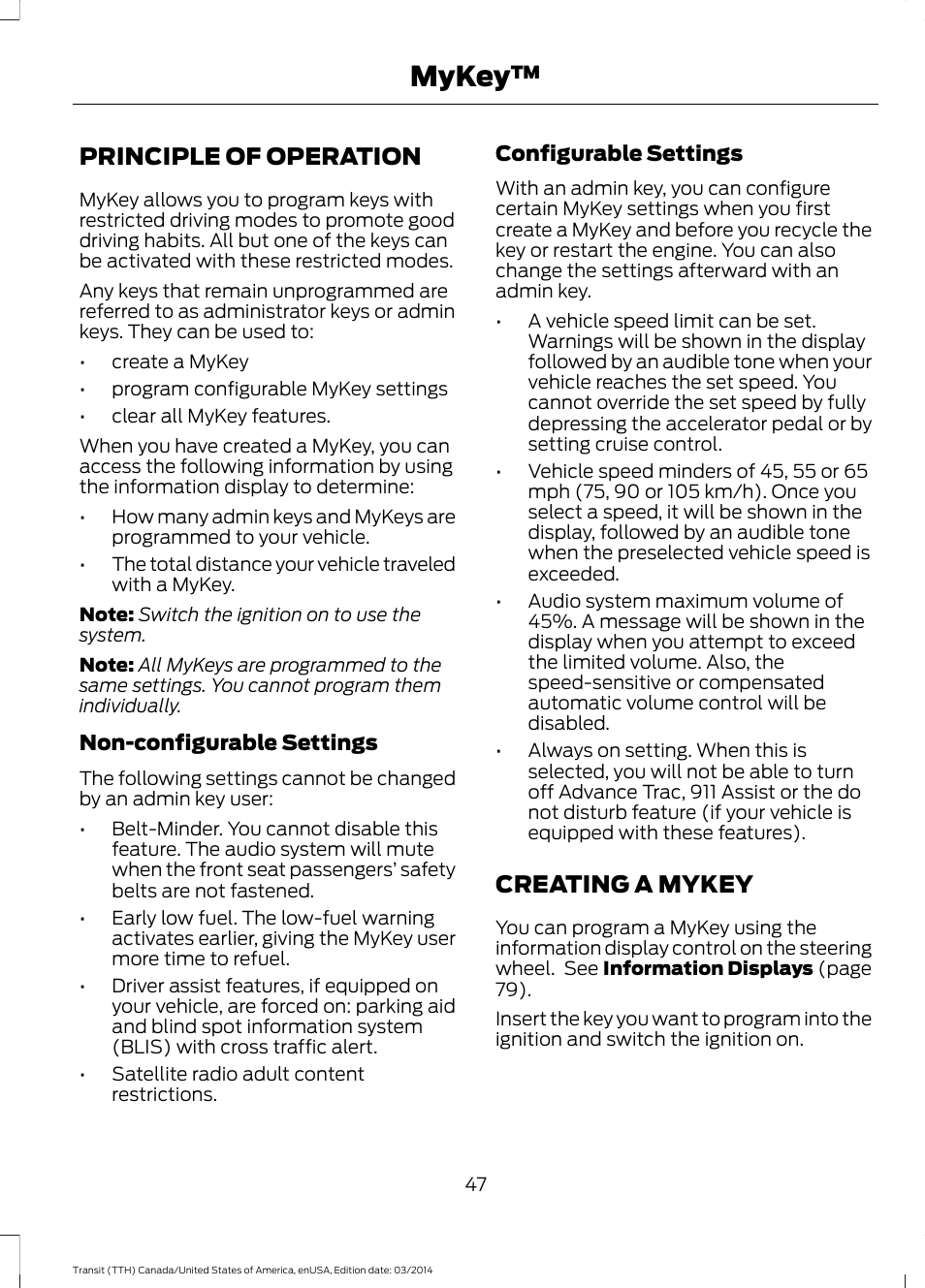 Mykey, Principle of operation, Creating a mykey | Principle of operation creating a mykey | FORD 2015 Transit v.1 User Manual | Page 50 / 461